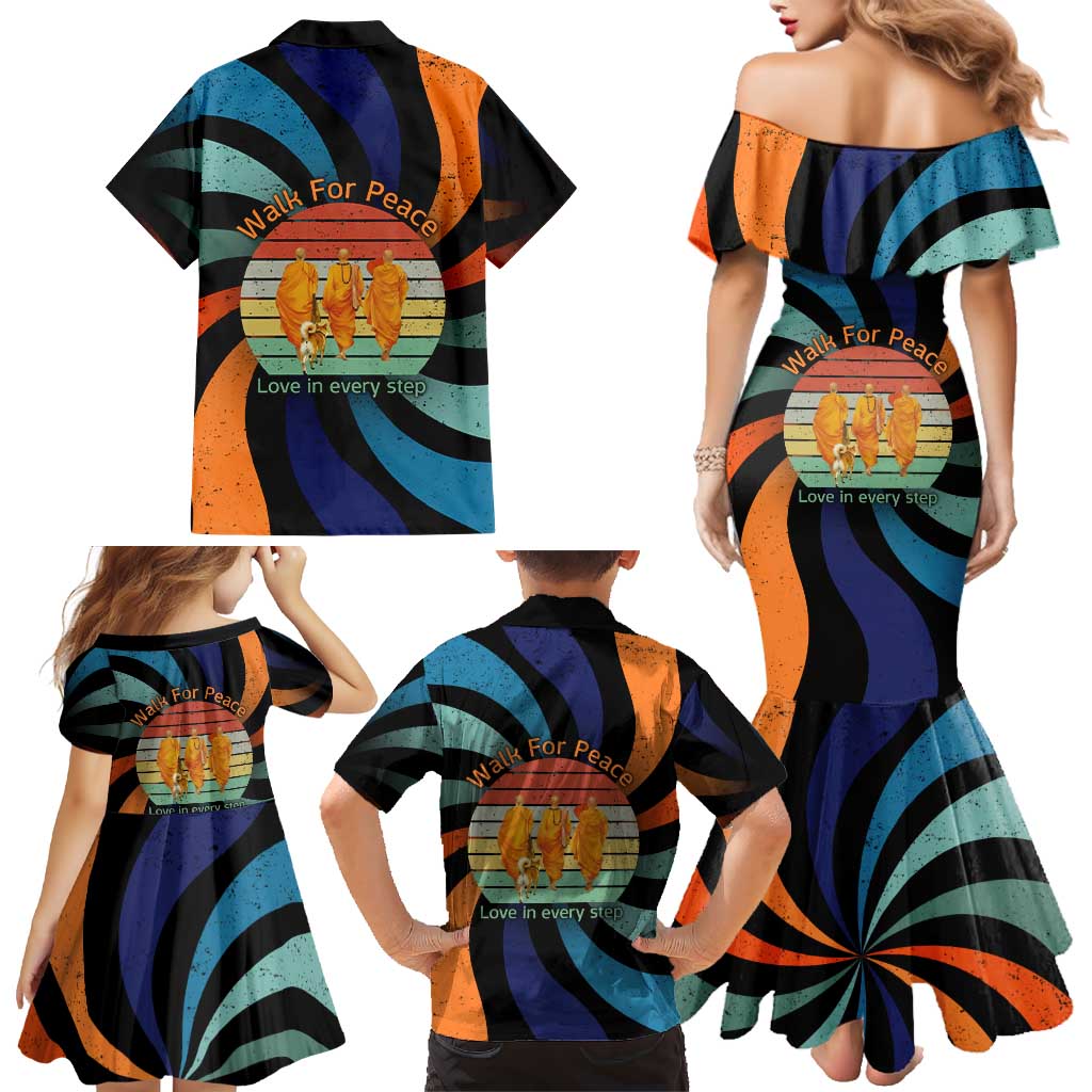 Buddhist Monks Walk For Peace Family Matching Mermaid Dress and Hawaiian Shirt with Retro Sunset Swirl Pattern