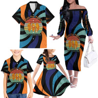 Buddhist Monks Walk For Peace Family Matching Off The Shoulder Long Sleeve Dress and Hawaiian Shirt with Retro Sunset Swirl Pattern