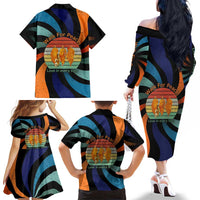 Buddhist Monks Walk For Peace Family Matching Off The Shoulder Long Sleeve Dress and Hawaiian Shirt with Retro Sunset Swirl Pattern