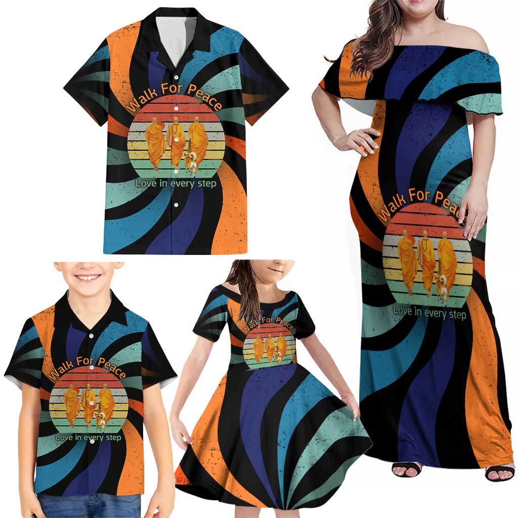 Buddhist Monks Walk For Peace Family Matching Off Shoulder Maxi Dress and Hawaiian Shirt with Retro Sunset Swirl Pattern