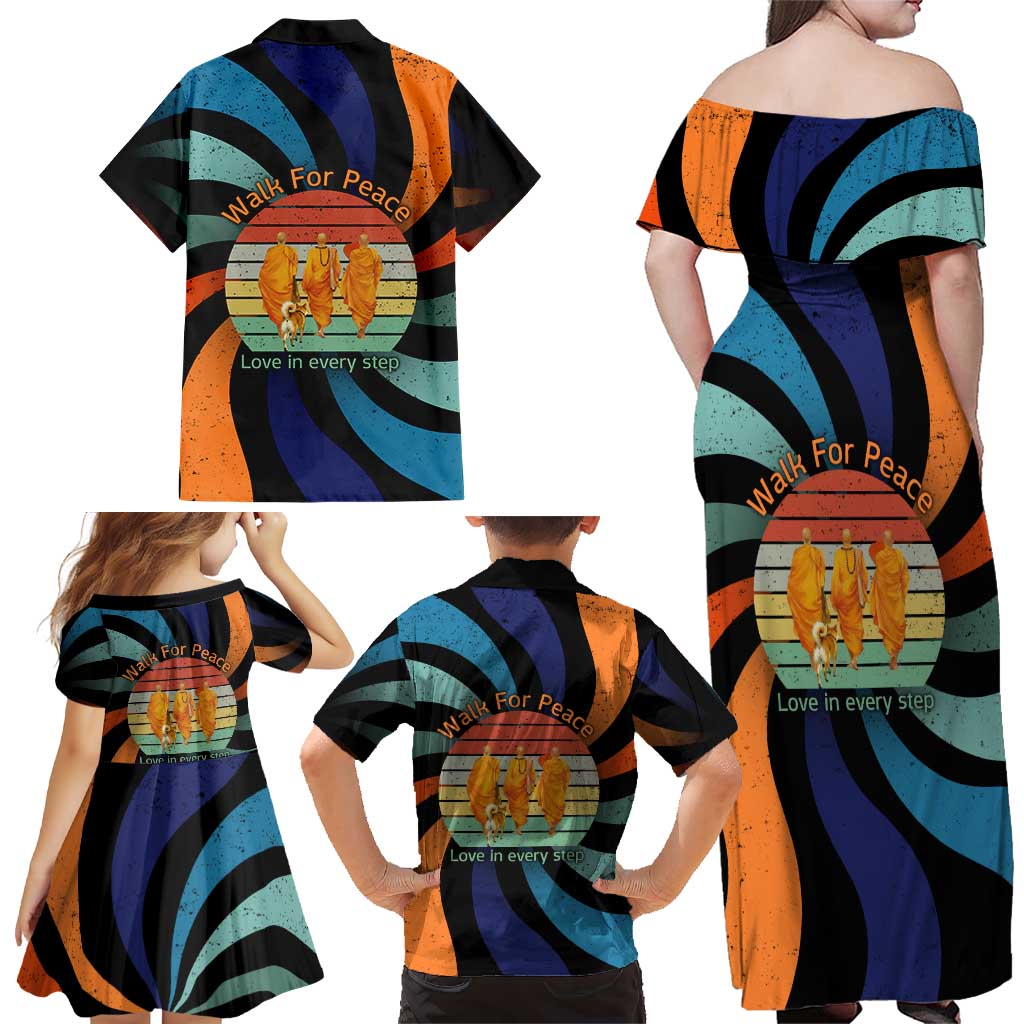 Buddhist Monks Walk For Peace Family Matching Off Shoulder Maxi Dress and Hawaiian Shirt with Retro Sunset Swirl Pattern