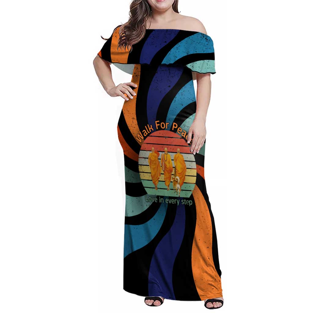 Buddhist Monks Walk For Peace Family Matching Off Shoulder Maxi Dress and Hawaiian Shirt with Retro Sunset Swirl Pattern
