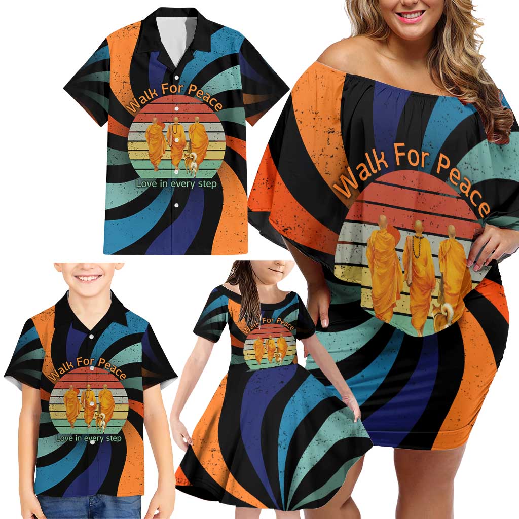 Buddhist Monks Walk For Peace Family Matching Off Shoulder Short Dress and Hawaiian Shirt with Retro Sunset Swirl Pattern