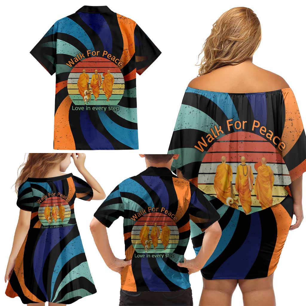 Buddhist Monks Walk For Peace Family Matching Off Shoulder Short Dress and Hawaiian Shirt with Retro Sunset Swirl Pattern