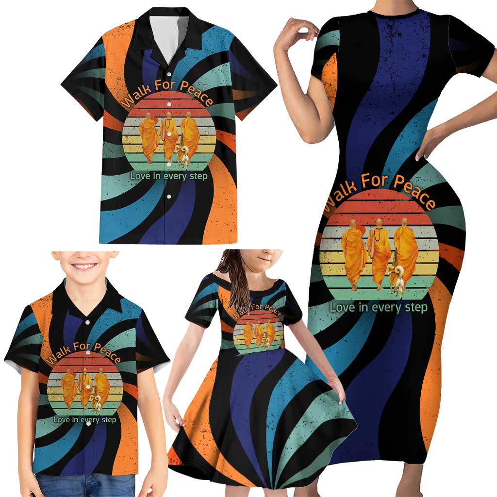 Buddhist Monks Walk For Peace Family Matching Short Sleeve Bodycon Dress and Hawaiian Shirt with Retro Sunset Swirl Pattern
