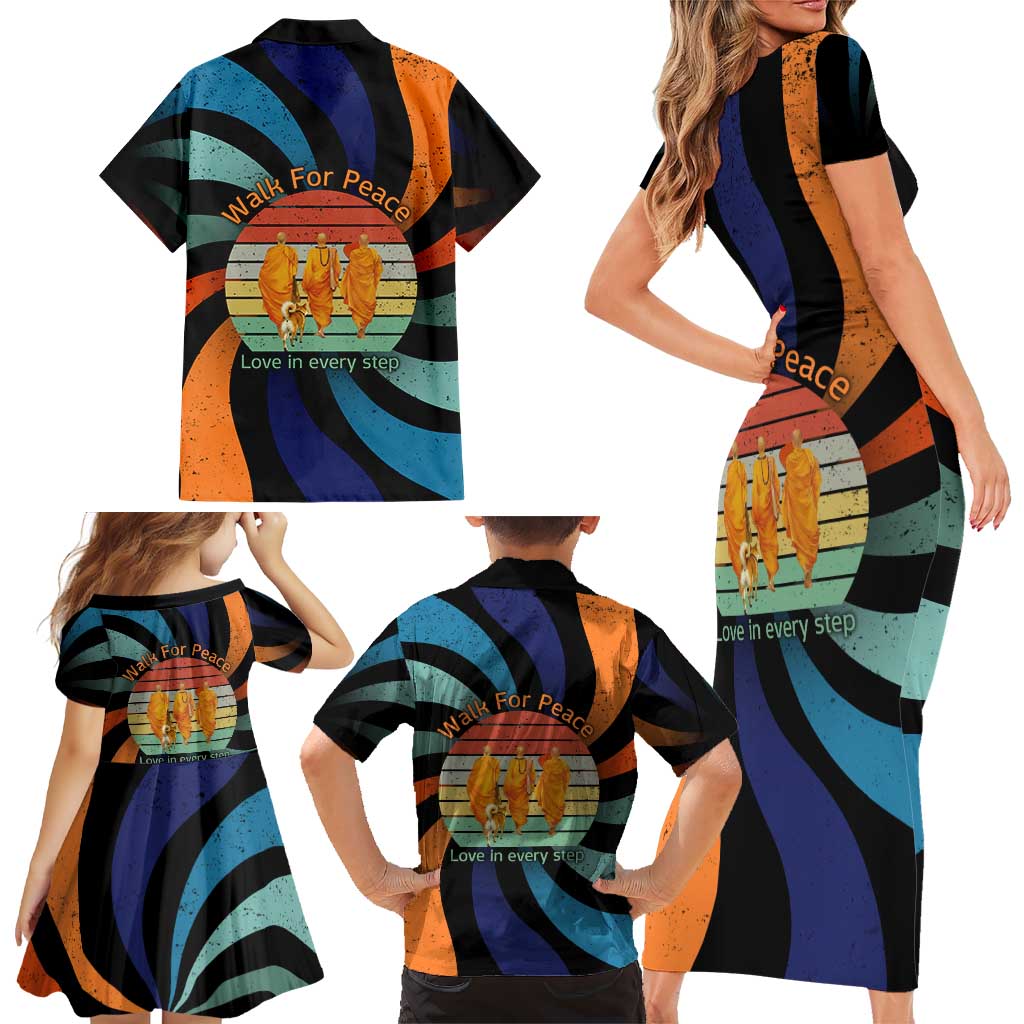 Buddhist Monks Walk For Peace Family Matching Short Sleeve Bodycon Dress and Hawaiian Shirt with Retro Sunset Swirl Pattern