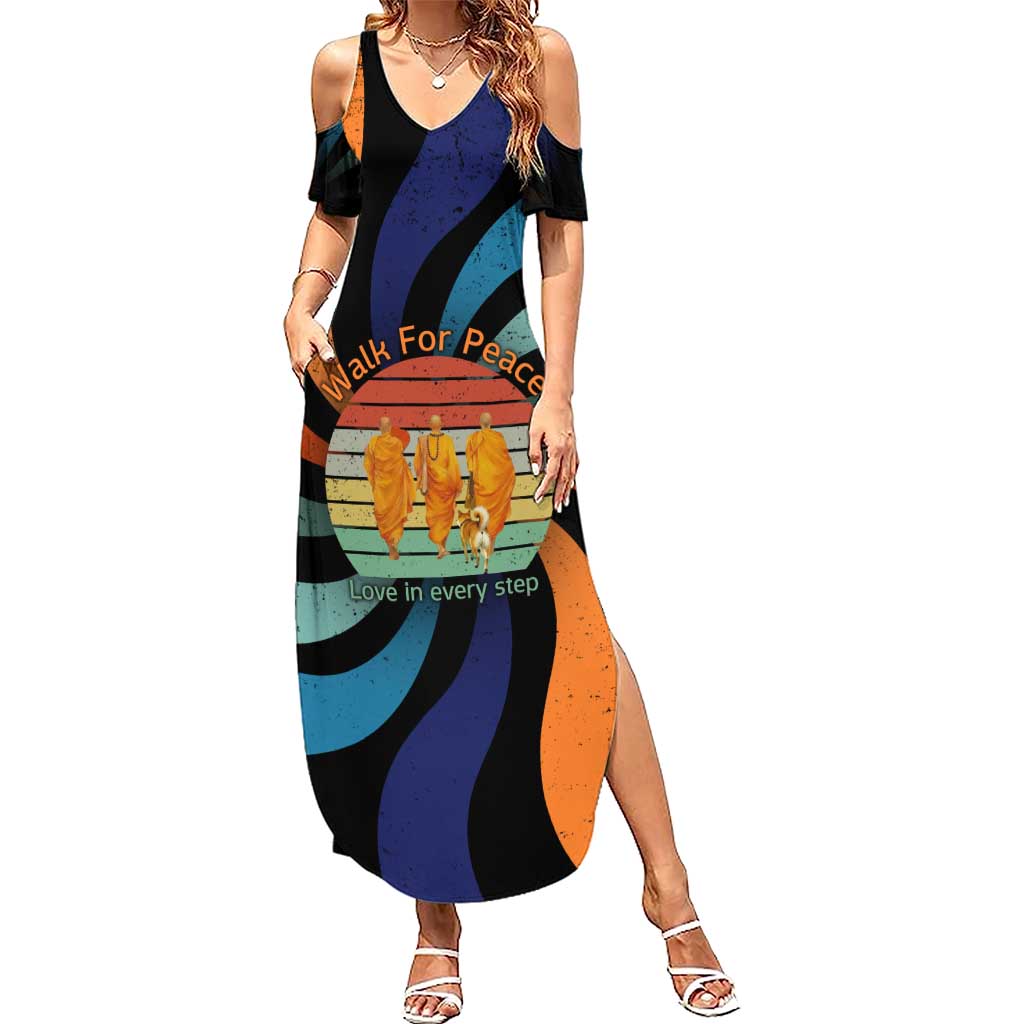 Buddhist Monks Walk For Peace Family Matching Summer Maxi Dress and Hawaiian Shirt with Retro Sunset Swirl Pattern