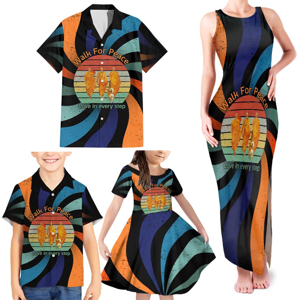 Buddhist Monks Walk For Peace Family Matching Tank Maxi Dress and Hawaiian Shirt with Retro Sunset Swirl Pattern