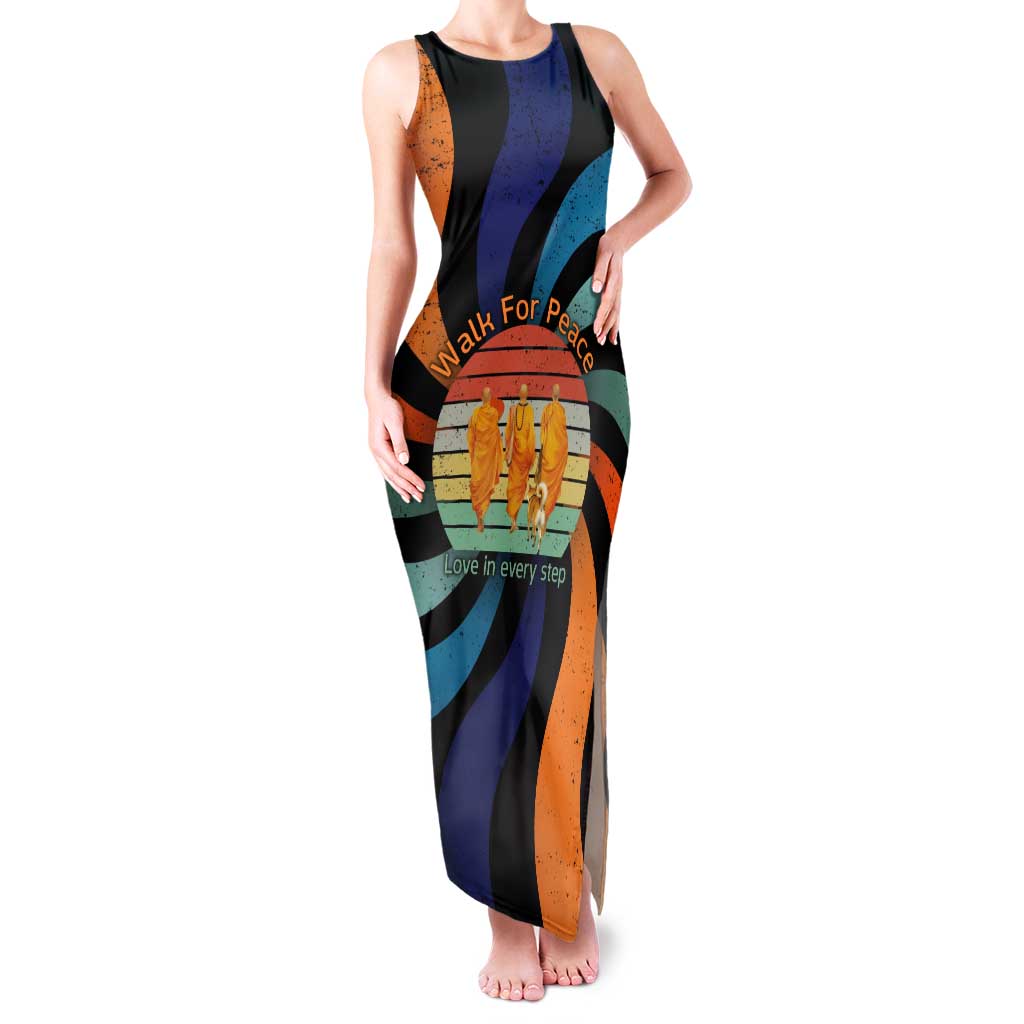 Buddhist Monks Walk For Peace Family Matching Tank Maxi Dress and Hawaiian Shirt with Retro Sunset Swirl Pattern