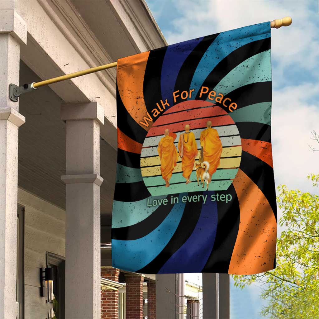 Buddhist Monks Walk For Peace Garden Flag with Retro Sunset Swirl Pattern