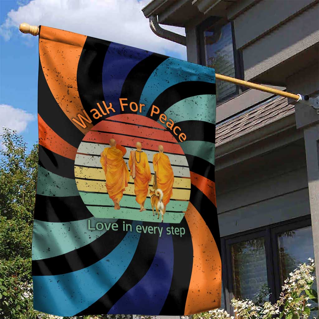Buddhist Monks Walk For Peace Garden Flag with Retro Sunset Swirl Pattern