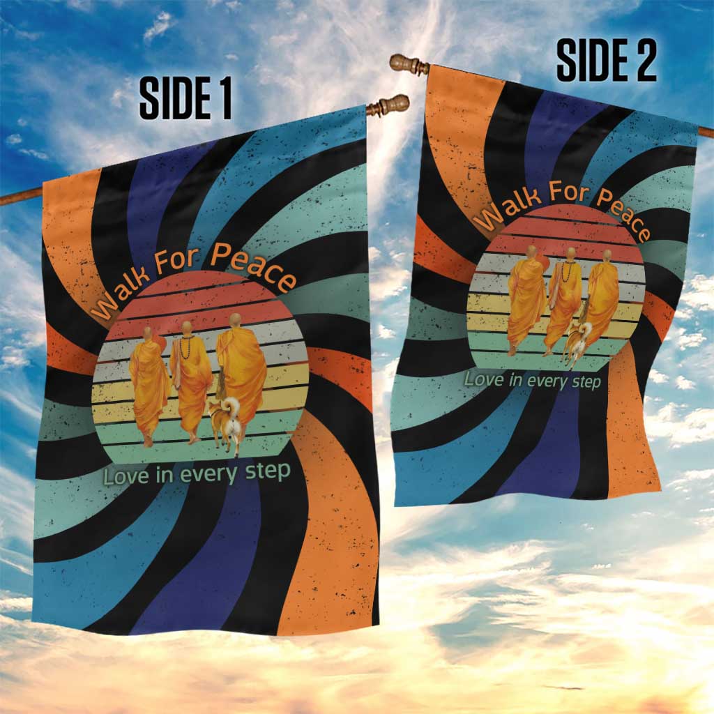 Buddhist Monks Walk For Peace Garden Flag with Retro Sunset Swirl Pattern