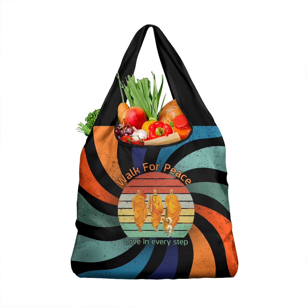 Buddhist Monks Walk For Peace Grocery Bag with Retro Sunset Swirl Pattern