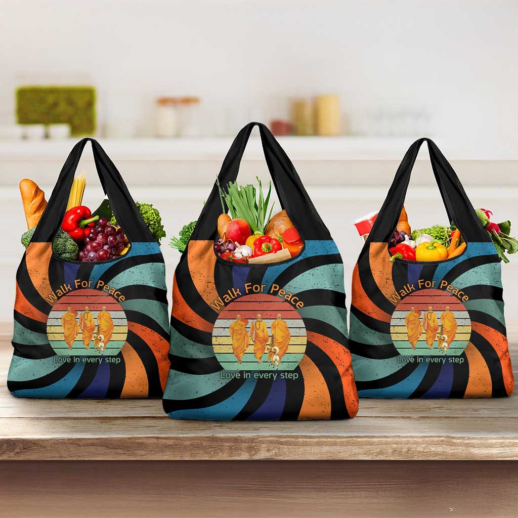 Buddhist Monks Walk For Peace Grocery Bag with Retro Sunset Swirl Pattern