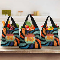 Buddhist Monks Walk For Peace Grocery Bag with Retro Sunset Swirl Pattern