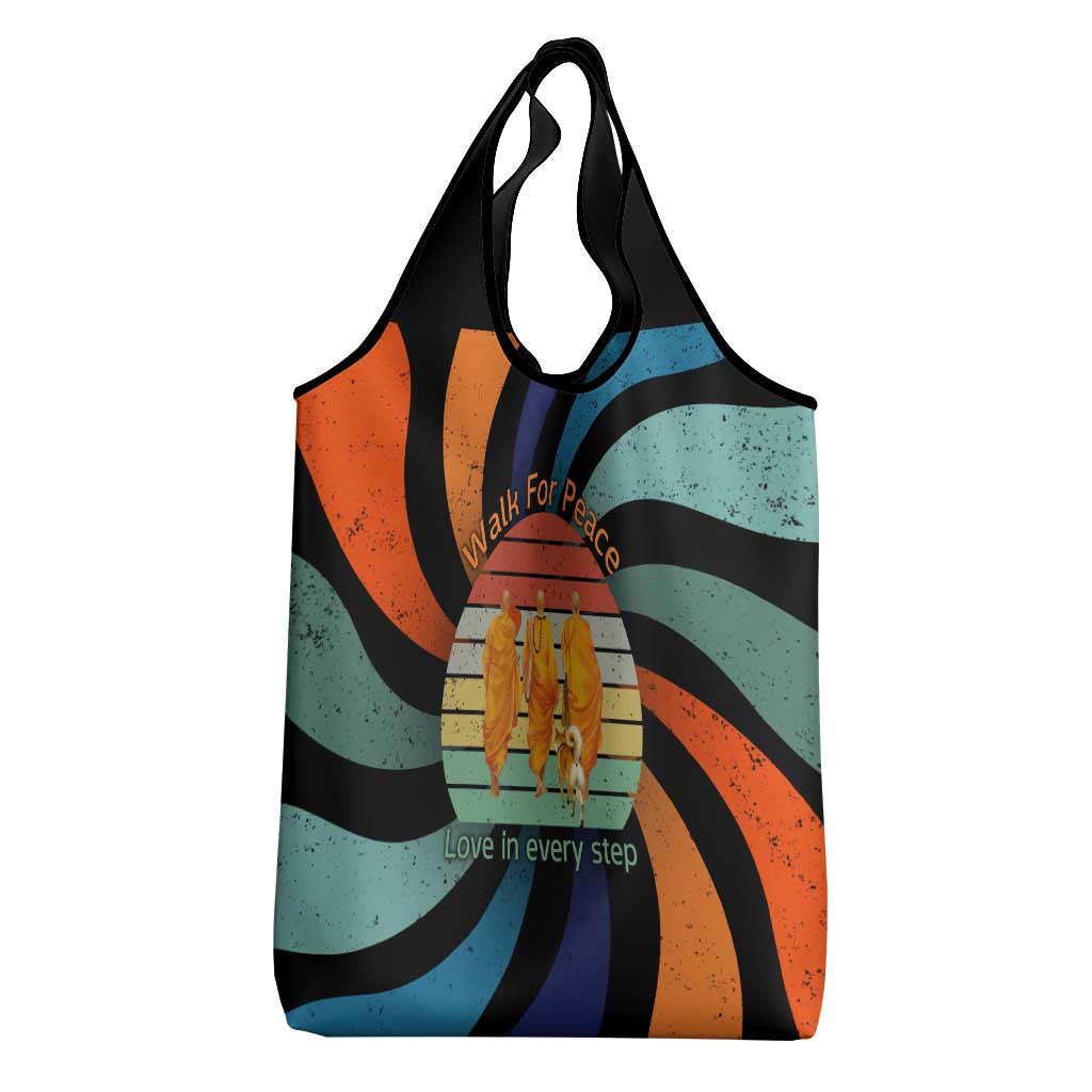 Buddhist Monks Walk For Peace Grocery Bag with Retro Sunset Swirl Pattern