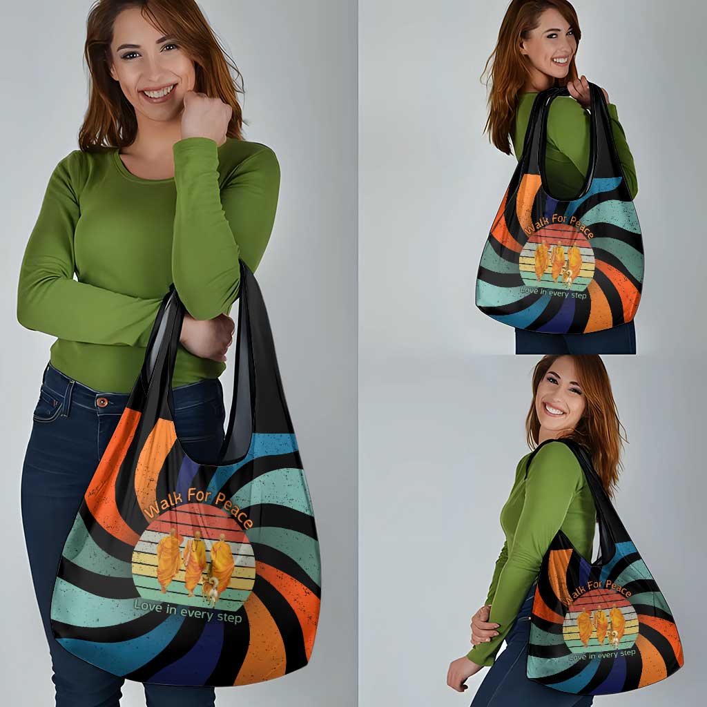 Buddhist Monks Walk For Peace Grocery Bag with Retro Sunset Swirl Pattern