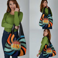 Buddhist Monks Walk For Peace Grocery Bag with Retro Sunset Swirl Pattern
