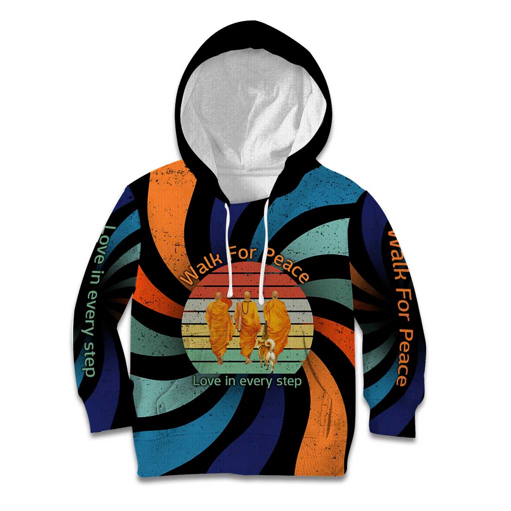 Buddhist Monks Walk For Peace Kid Hoodie with Retro Sunset Swirl Pattern