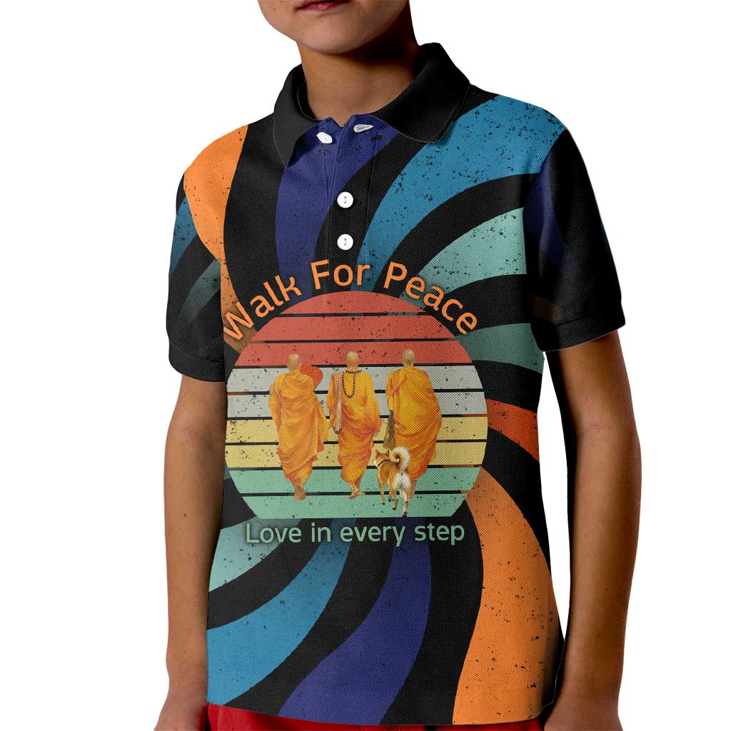 Buddhist Monks Walk For Peace Kid Polo Shirt with Retro Sunset Swirl Pattern