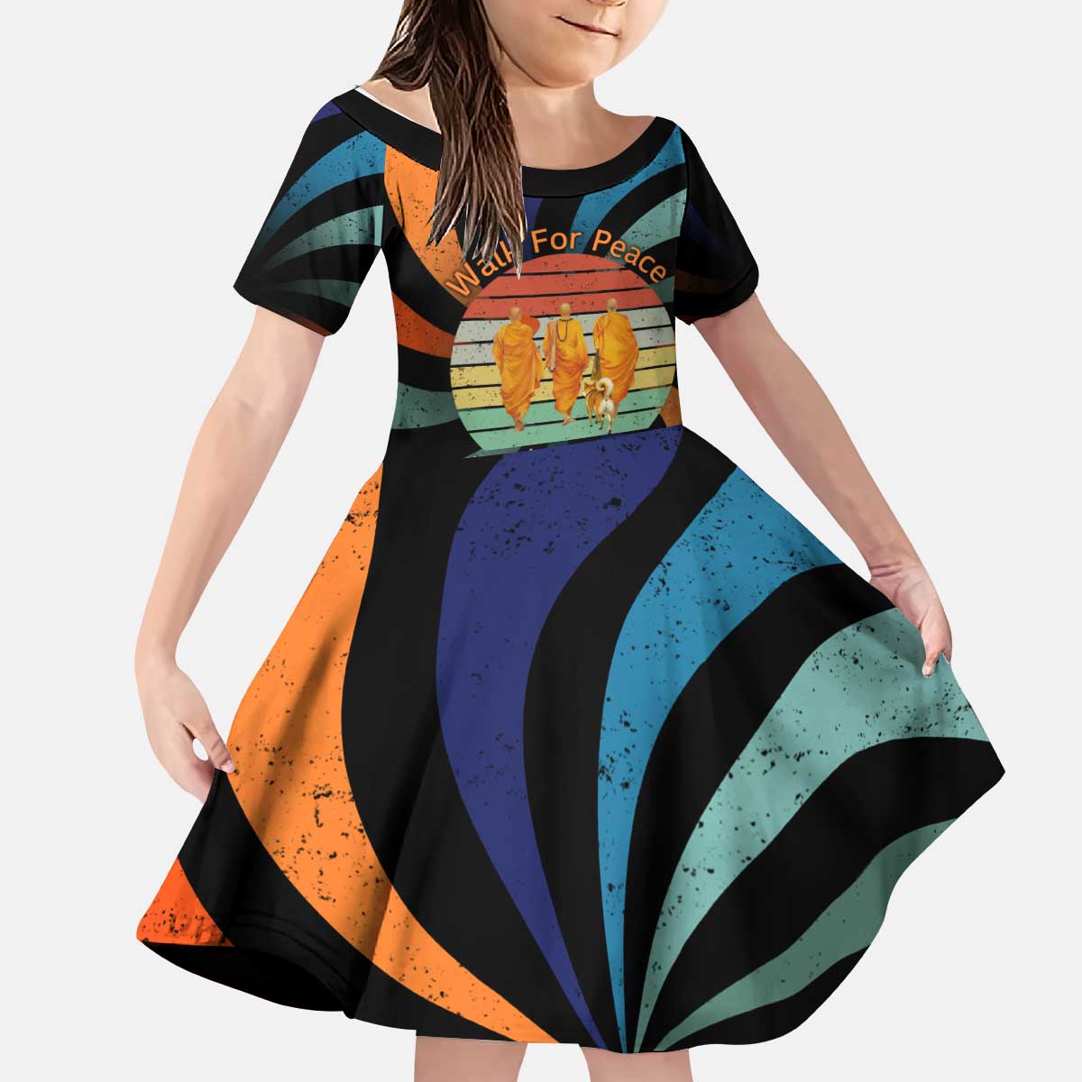 Buddhist Monks Walk For Peace Kid Short Sleeve Dress with Retro Sunset Swirl Pattern