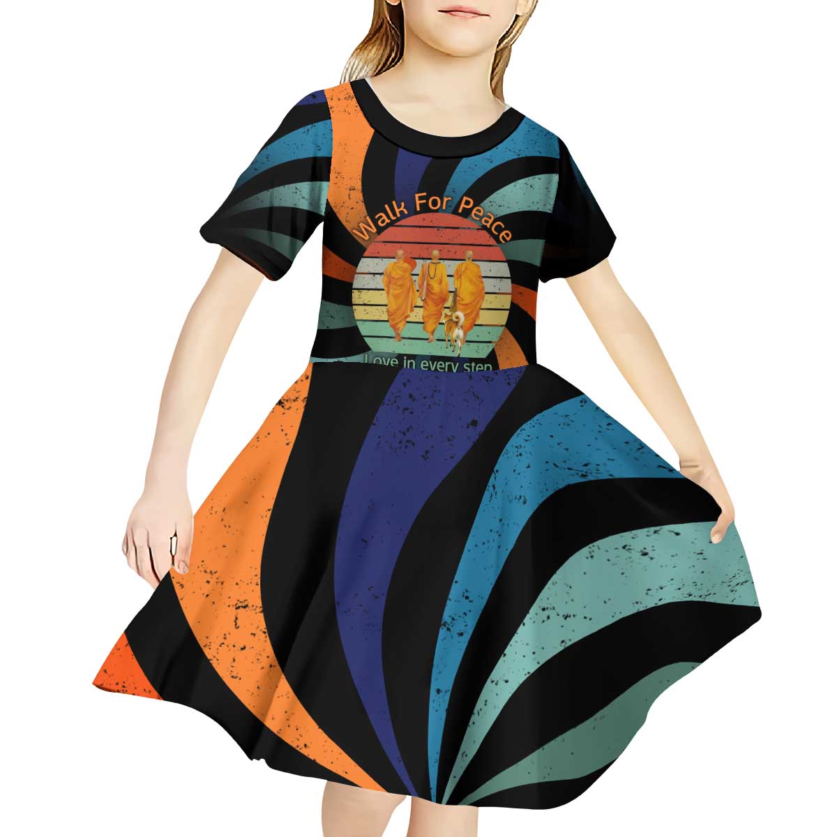 Buddhist Monks Walk For Peace Kid Short Sleeve Dress with Retro Sunset Swirl Pattern