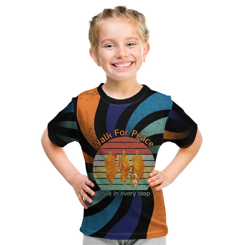 Buddhist Monks Walk For Peace Kid T Shirt with Retro Sunset Swirl Pattern