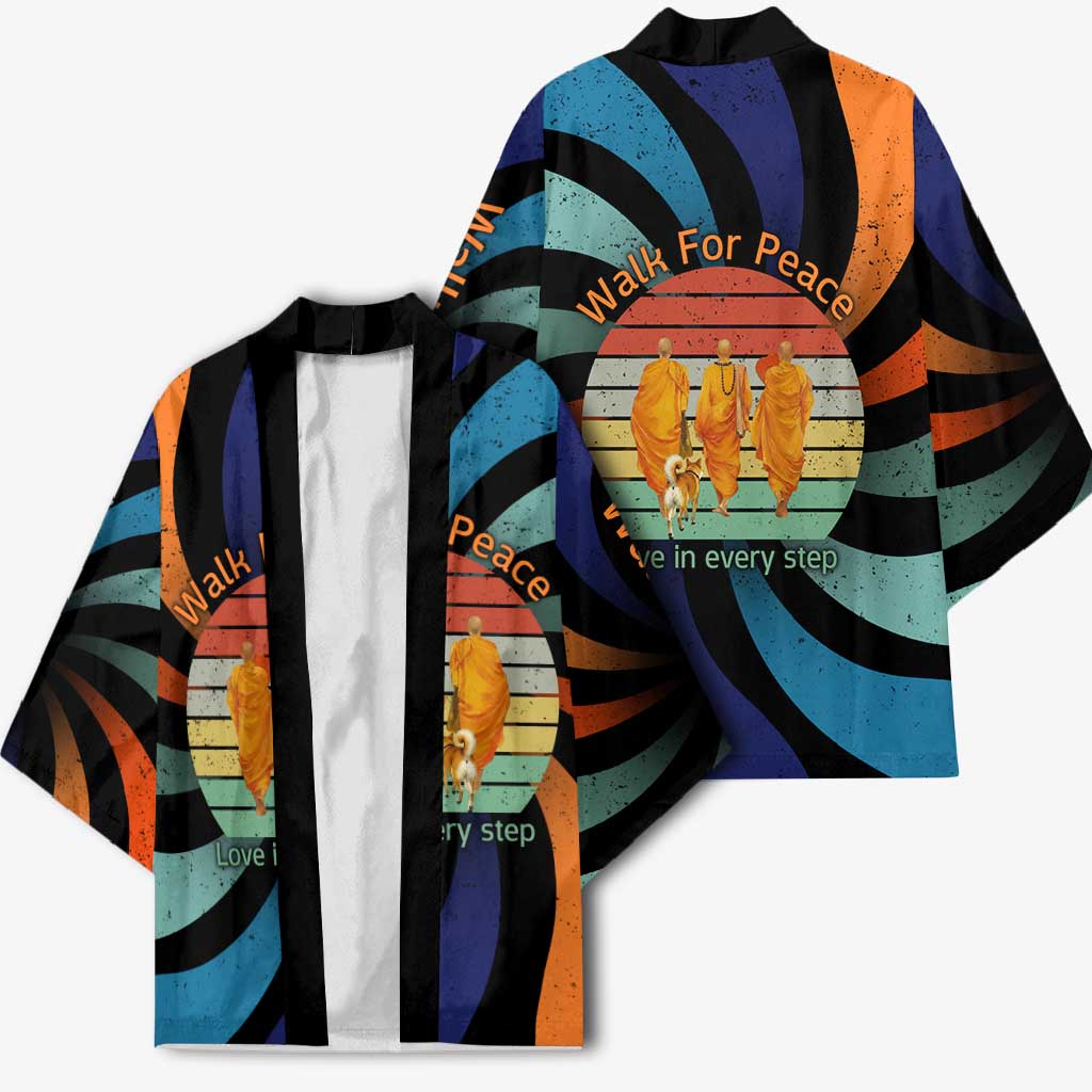 Buddhist Monks Walk For Peace Kimono with Retro Sunset Swirl Pattern