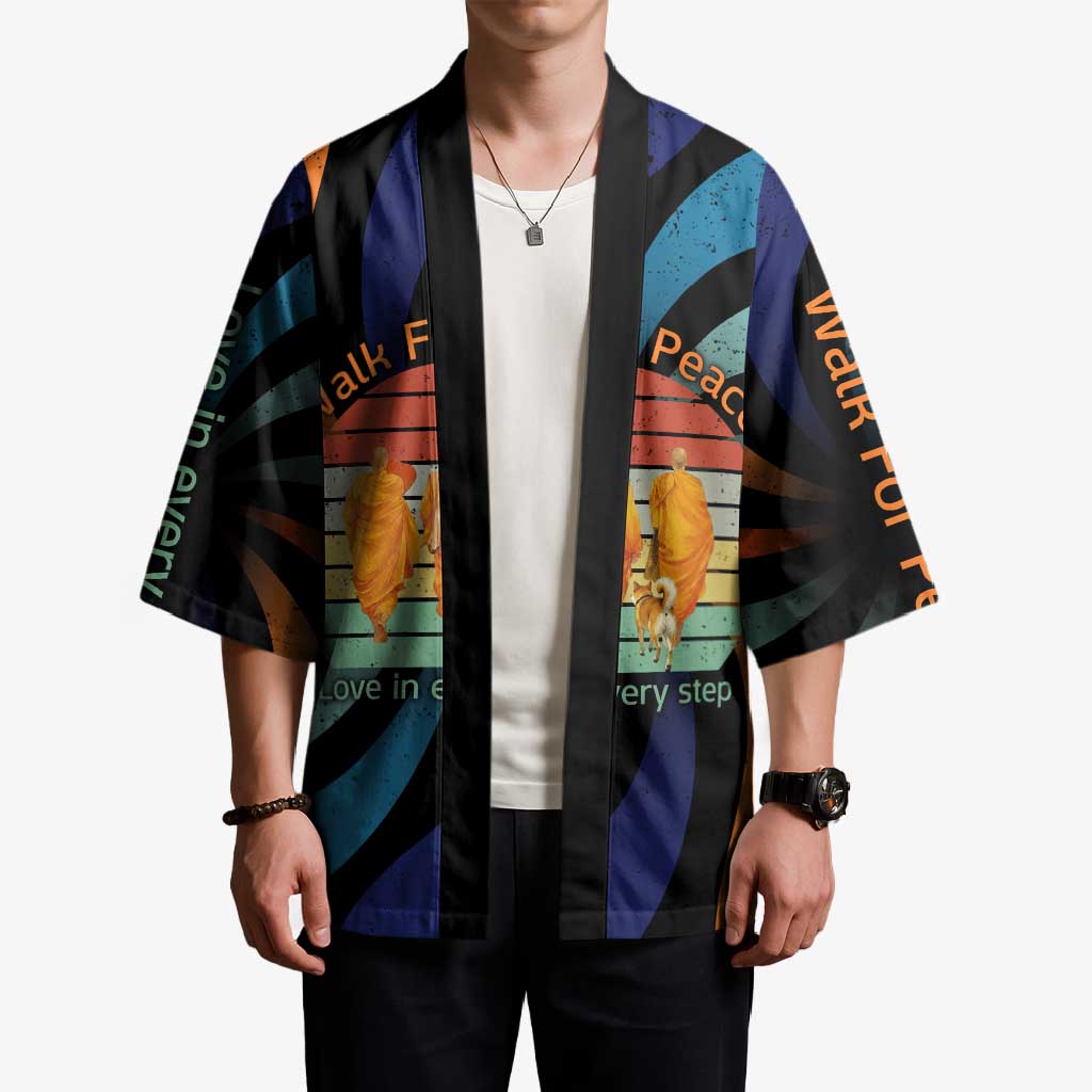 Buddhist Monks Walk For Peace Kimono with Retro Sunset Swirl Pattern