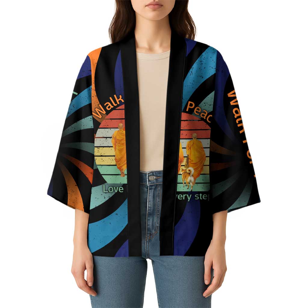 Buddhist Monks Walk For Peace Kimono with Retro Sunset Swirl Pattern