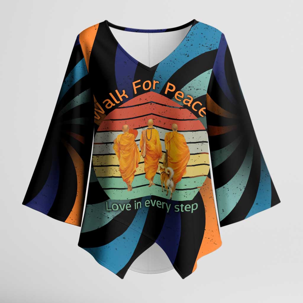 Buddhist Monks Walk For Peace Kimono Sleeve Blouse with Retro Sunset Swirl Pattern