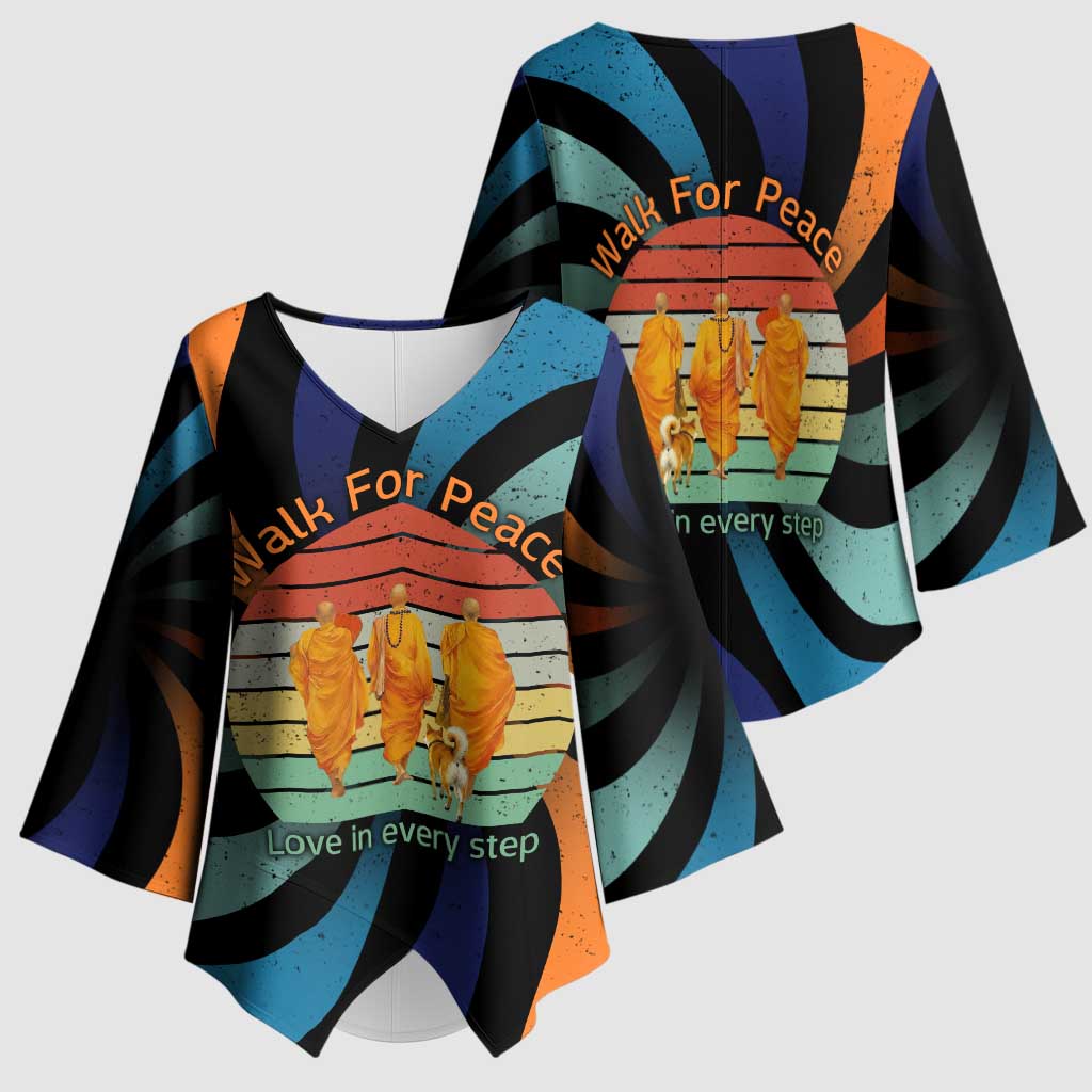 Buddhist Monks Walk For Peace Kimono Sleeve Blouse with Retro Sunset Swirl Pattern
