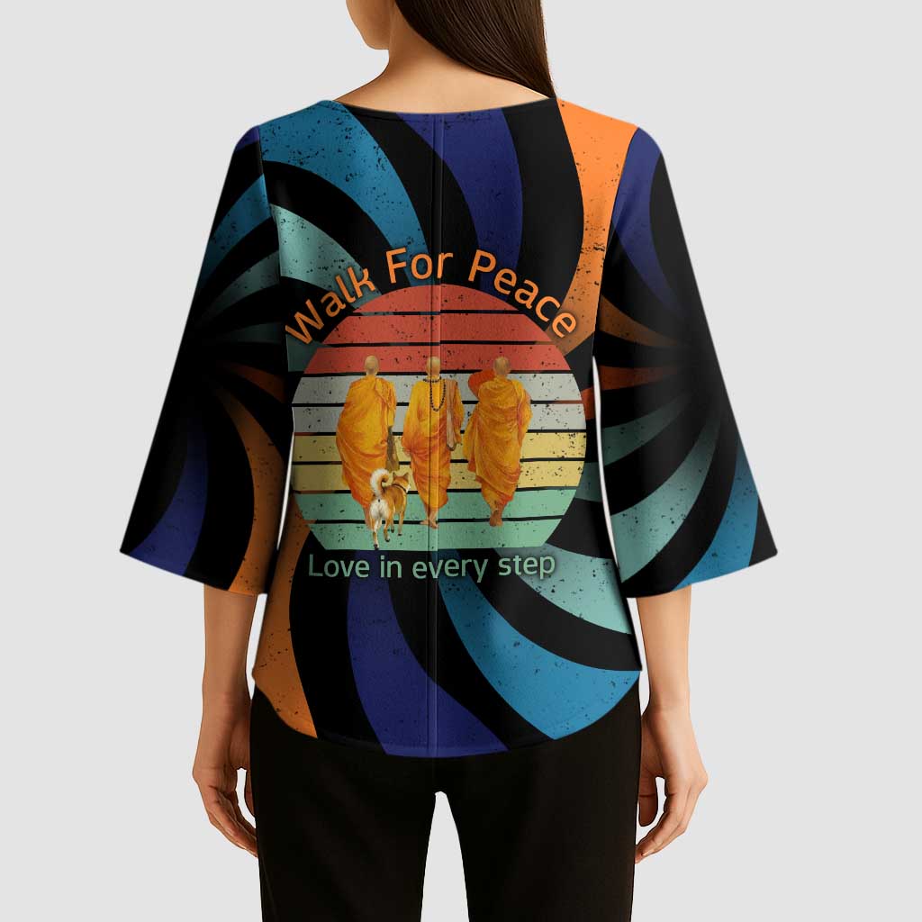 Buddhist Monks Walk For Peace Kimono Sleeve Blouse with Retro Sunset Swirl Pattern