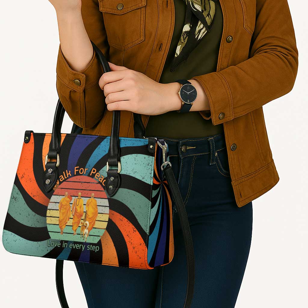 Buddhist Monks Walk For Peace Leather Bag with Retro Sunset Swirl Pattern