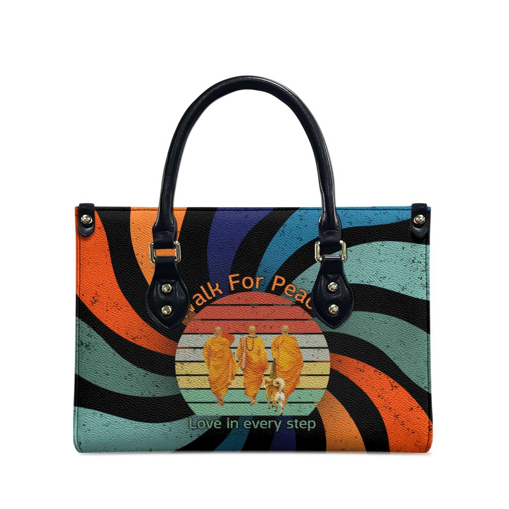 Buddhist Monks Walk For Peace Leather Bag with Retro Sunset Swirl Pattern