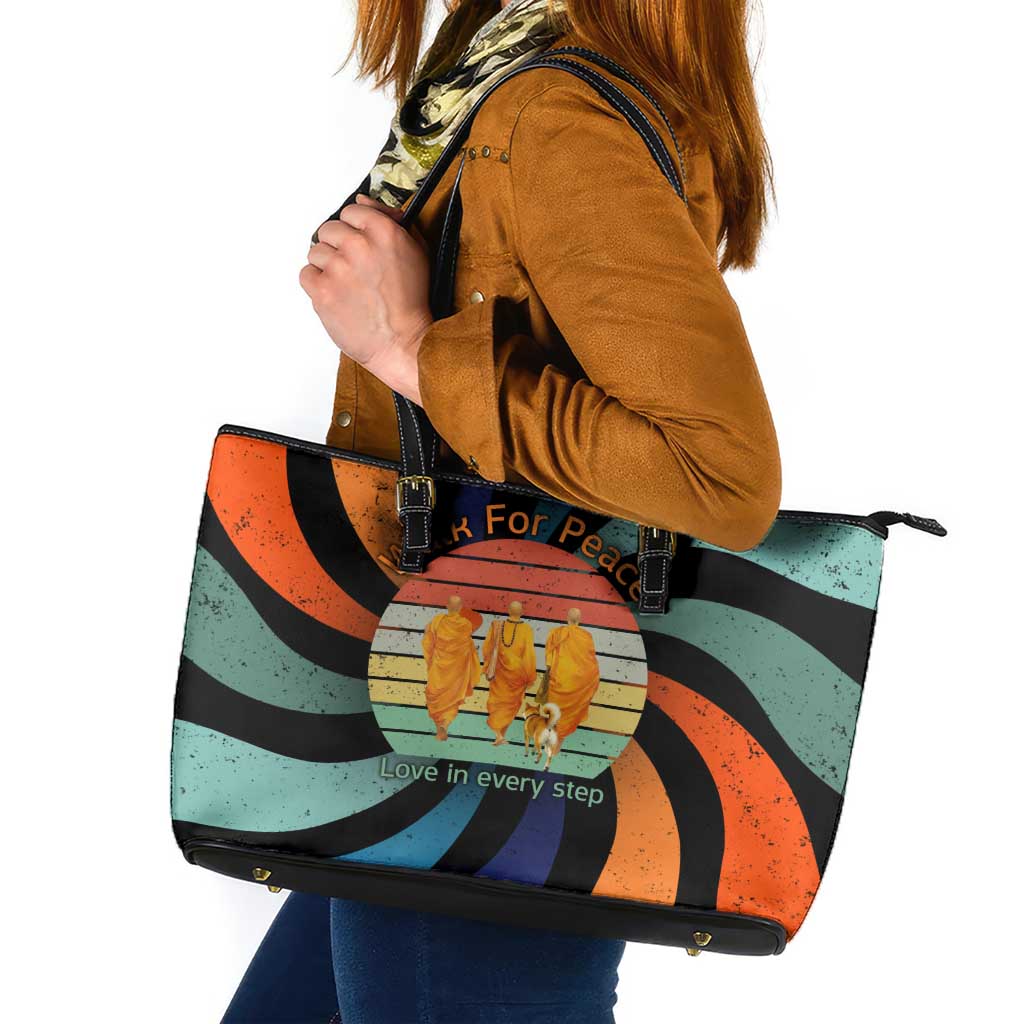 Buddhist Monks Walk For Peace Leather Tote Bag with Retro Sunset Swirl Pattern