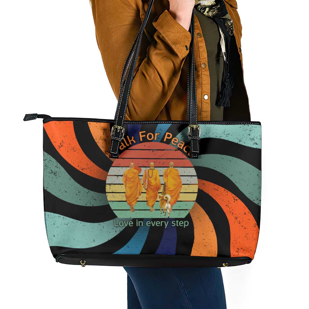 Buddhist Monks Walk For Peace Leather Tote Bag with Retro Sunset Swirl Pattern