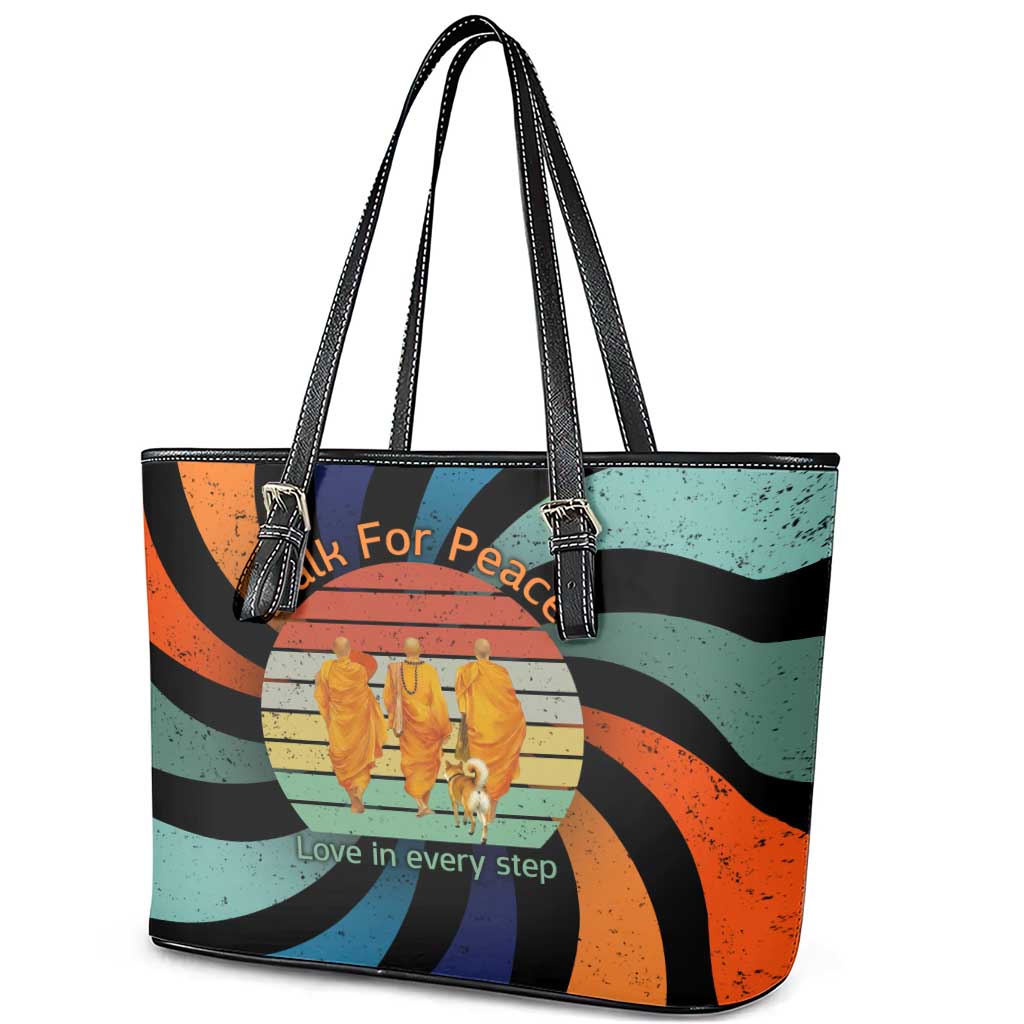 Buddhist Monks Walk For Peace Leather Tote Bag with Retro Sunset Swirl Pattern