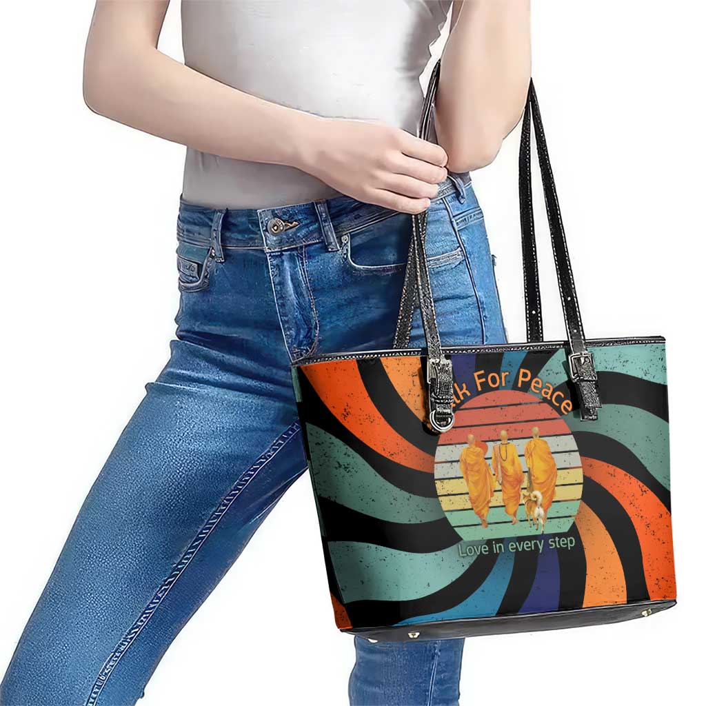 Buddhist Monks Walk For Peace Leather Tote Bag with Retro Sunset Swirl Pattern