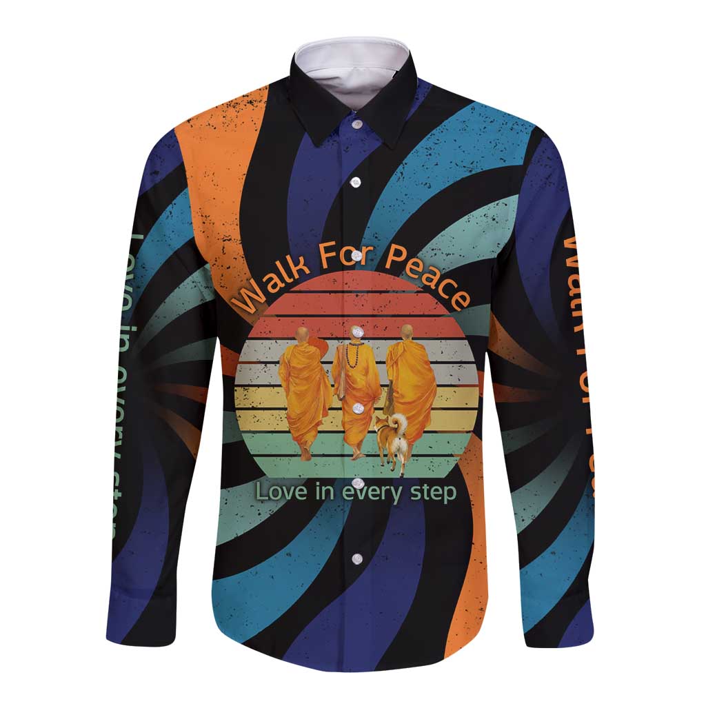 Buddhist Monks Walk For Peace Long Sleeve Button Shirt with Retro Sunset Swirl Pattern