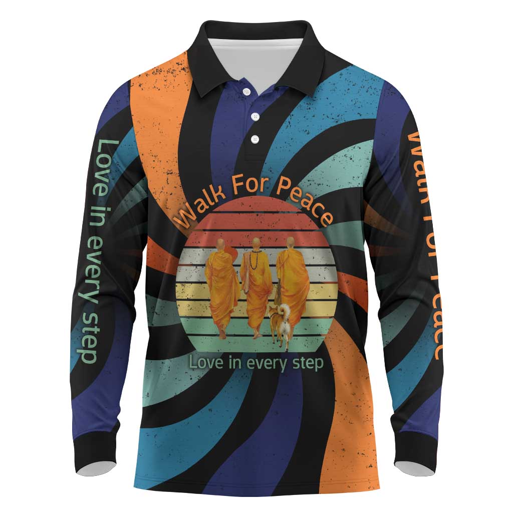 Buddhist Monks Walk For Peace Long Sleeve Polo Shirt with Retro Sunset Swirl Pattern