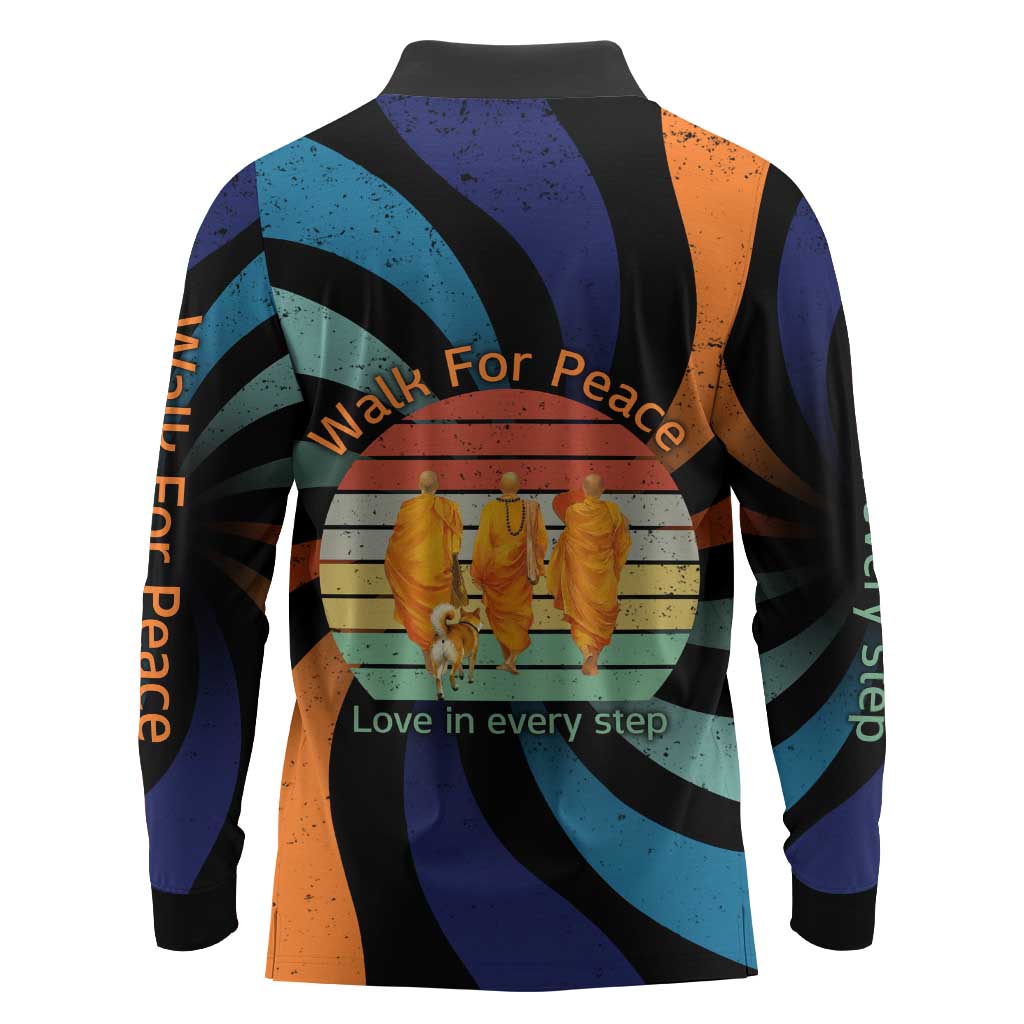 Buddhist Monks Walk For Peace Long Sleeve Polo Shirt with Retro Sunset Swirl Pattern