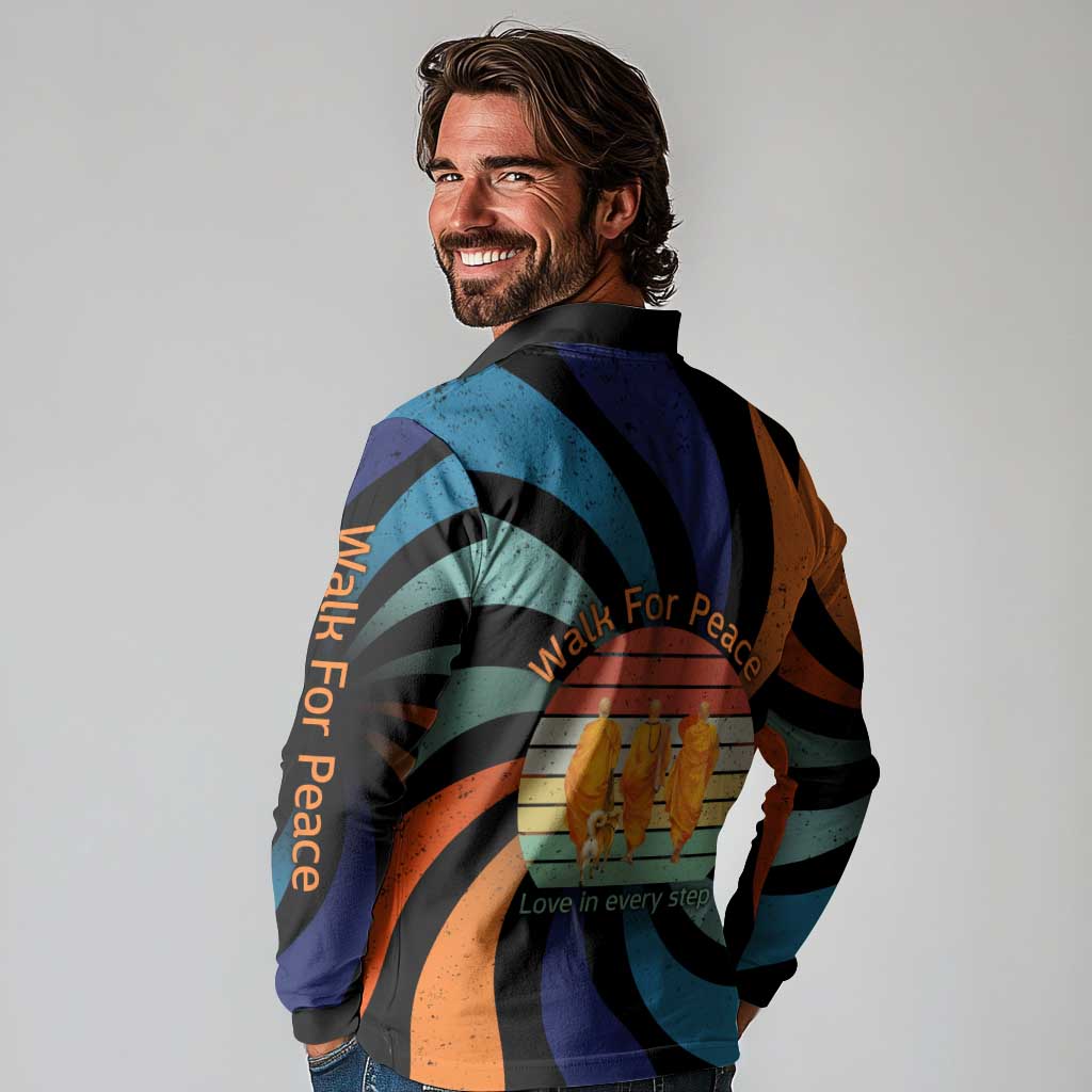 Buddhist Monks Walk For Peace Long Sleeve Polo Shirt with Retro Sunset Swirl Pattern