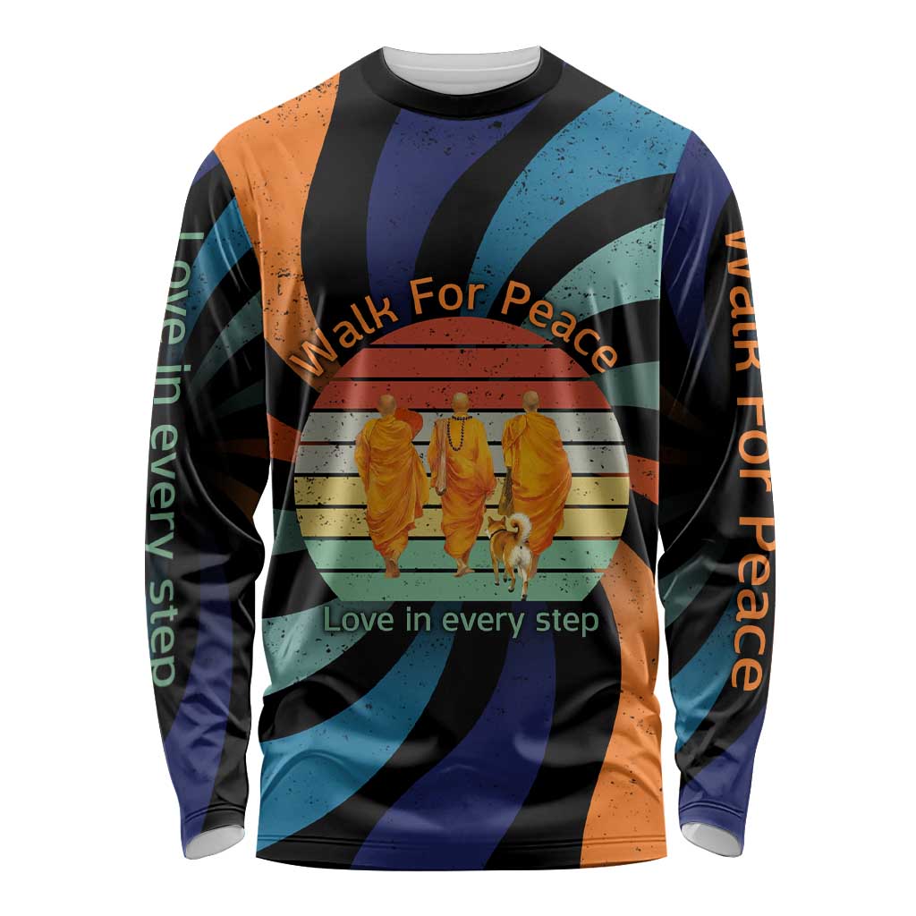 Buddhist Monks Walk For Peace Long Sleeve Shirt with Retro Sunset Swirl Pattern