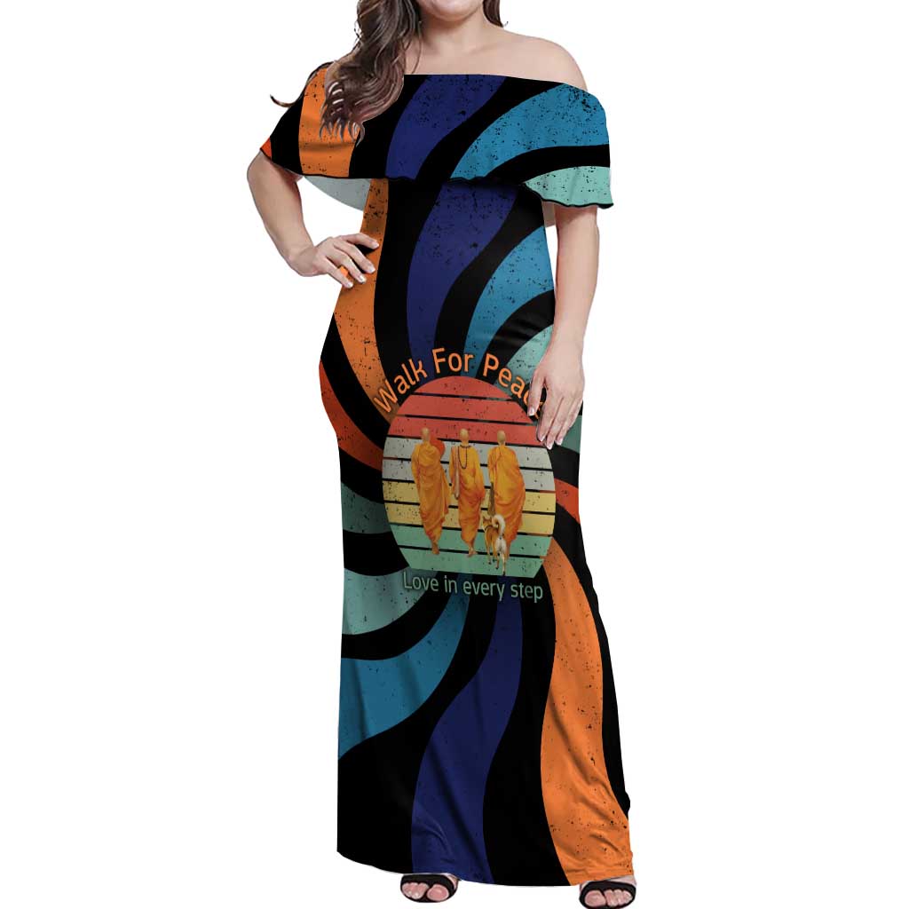Buddhist Monks Walk For Peace Off Shoulder Maxi Dress with Retro Sunset Swirl Pattern