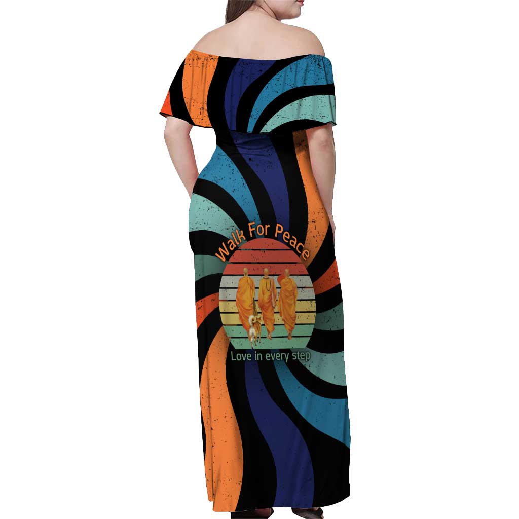 Buddhist Monks Walk For Peace Off Shoulder Maxi Dress with Retro Sunset Swirl Pattern