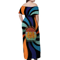 Buddhist Monks Walk For Peace Off Shoulder Maxi Dress with Retro Sunset Swirl Pattern