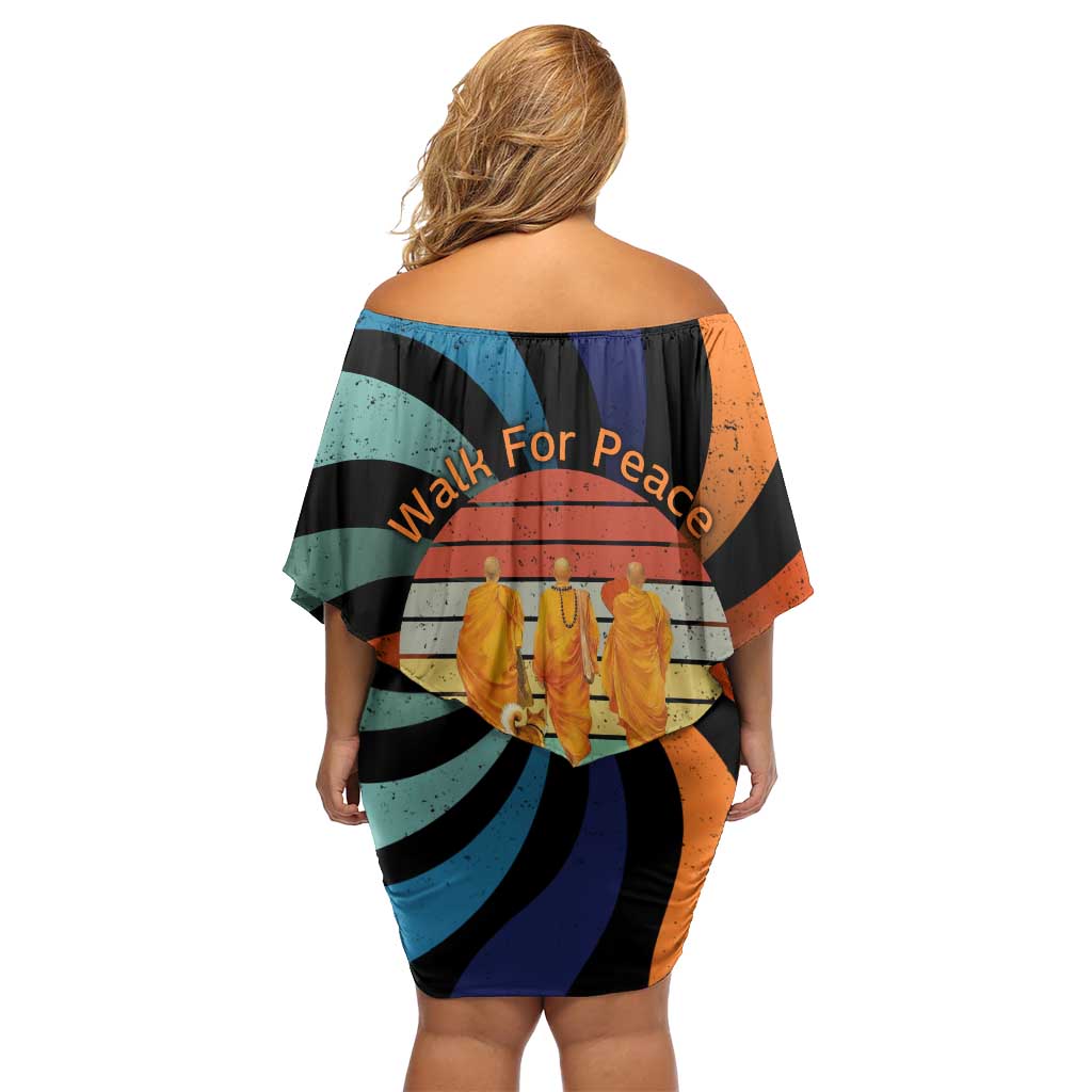 Buddhist Monks Walk For Peace Off Shoulder Short Dress with Retro Sunset Swirl Pattern