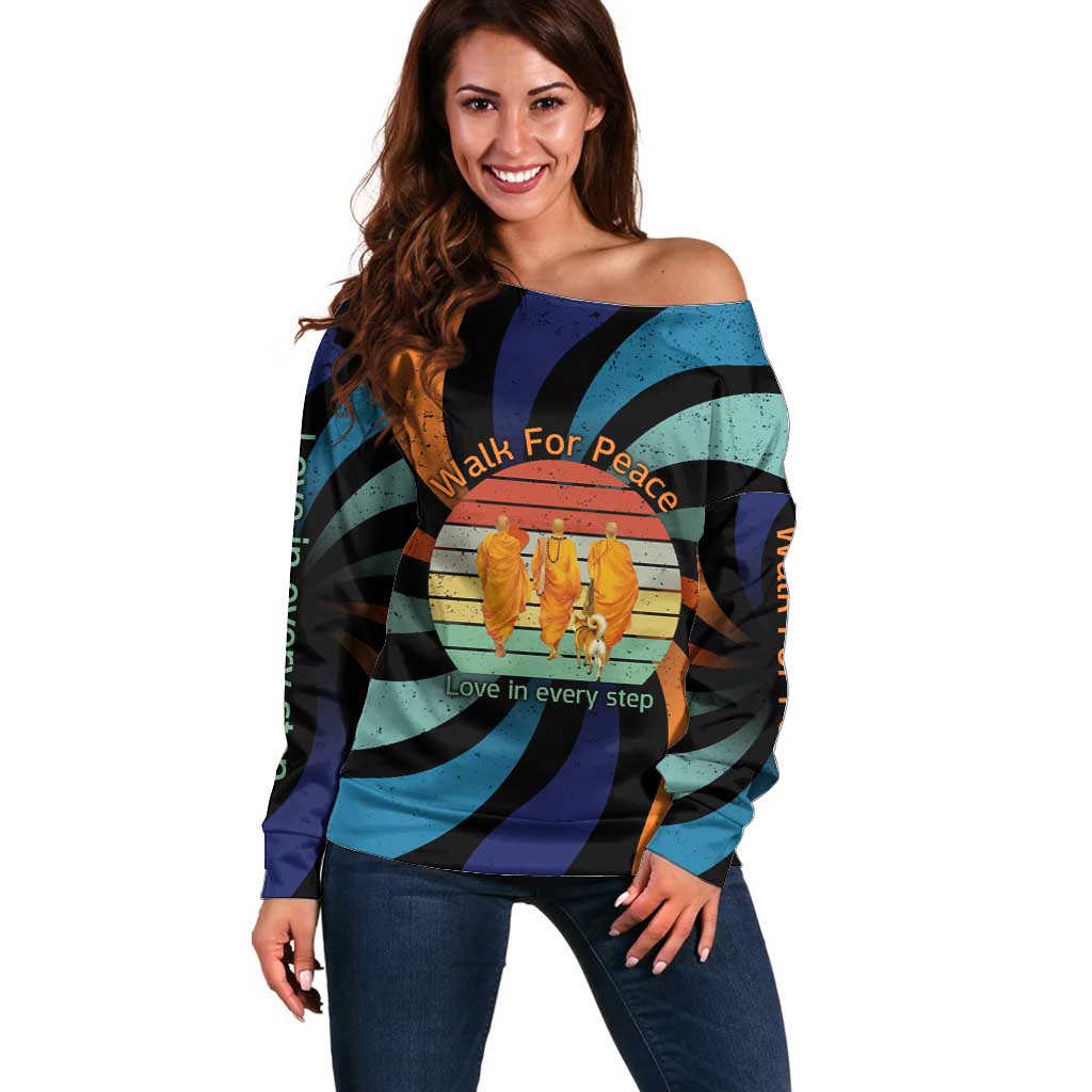 Buddhist Monks Walk For Peace Off Shoulder Sweater with Retro Sunset Swirl Pattern