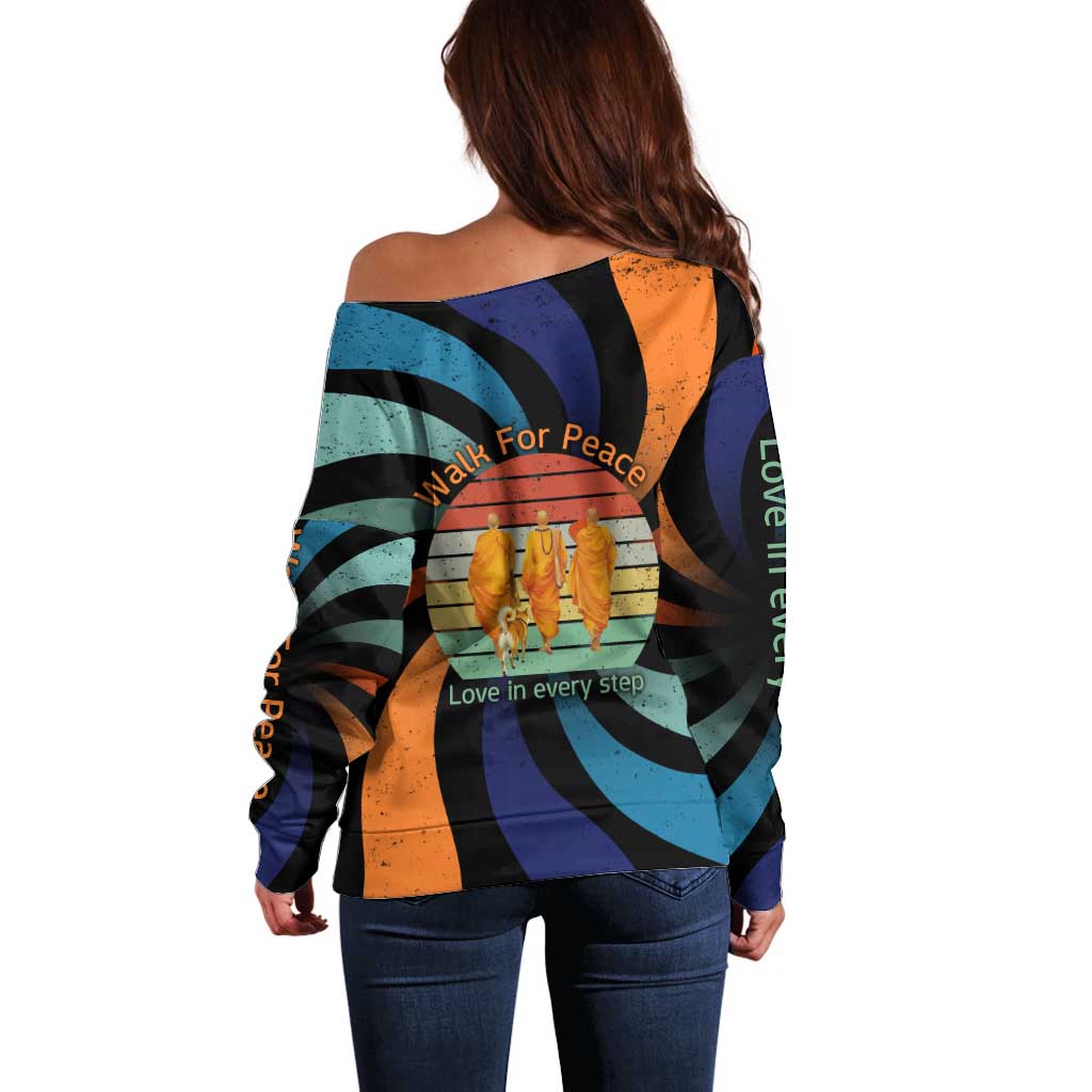 Buddhist Monks Walk For Peace Off Shoulder Sweater with Retro Sunset Swirl Pattern